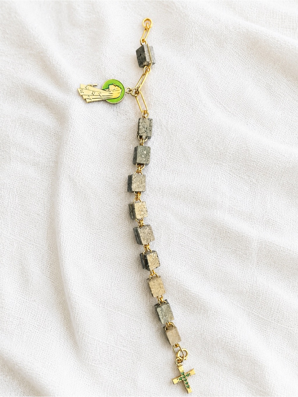 Gold and Gray Pyrite Cube Bracelet with Green Cross Charm